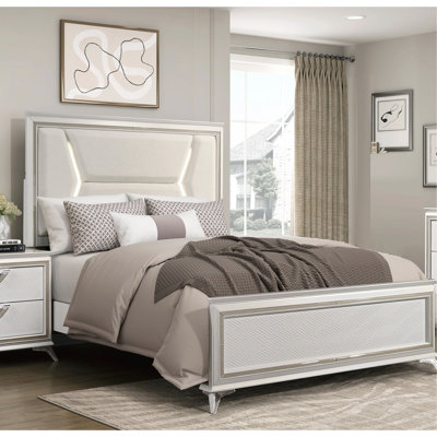 Lit de luxe grand avec tête de lit tapissier en chenille et lumières à DEL, aspect or blanc antique, tête de lit en bois, revêtement, structure en bois pour la chambre à coucher