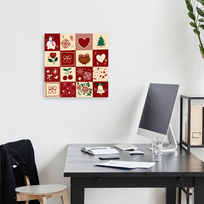 Festive Winter Love Whimsical Abstract Contemporary Christmas Tree Bear Cherry Winter Flower Wall Art Print 1 Piece Wrapped Canvas Wall Art