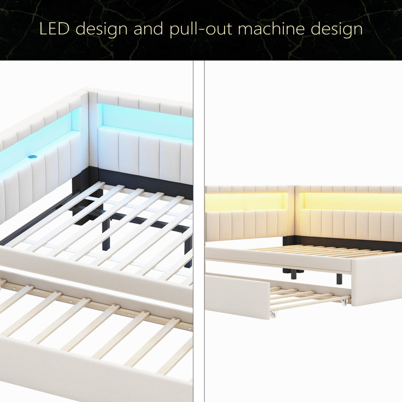 Lit plateforme tapissier avec ports USB et ceinture à DEL, avec lit gigogne, Complet/Double, Blanc