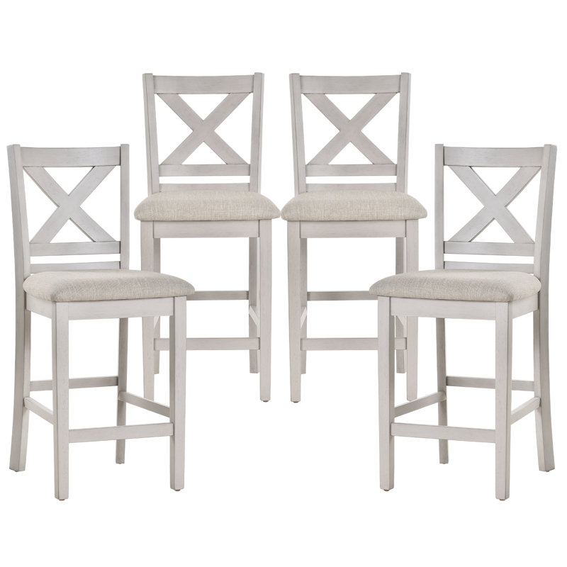 X-back Solid Wood Fabric Upholstered Bar & Counter Stool With Footrest, Grey White, 4