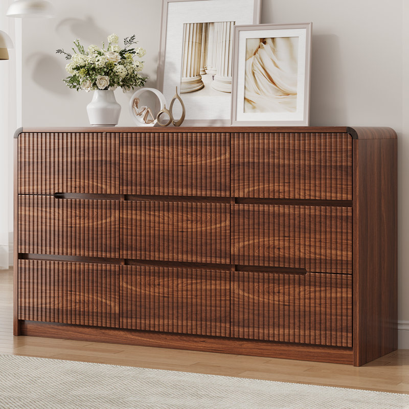 Ato 55.2" W 9 Drawer Mid-Century Modern, Wooden Dresser with Curved Profile, Fluted Design and Large Capacity Storage					