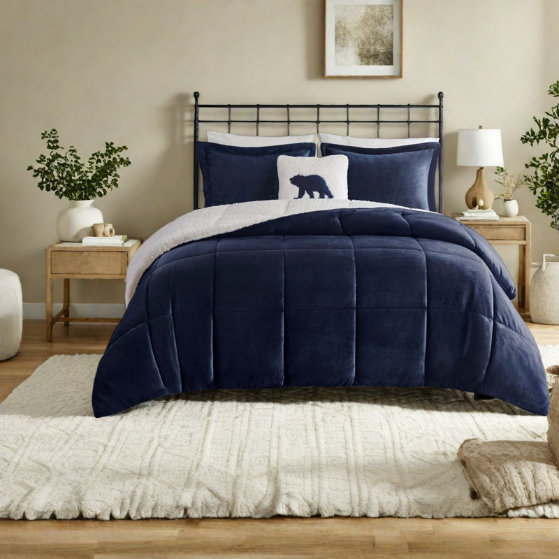 Ensembles de literie douillette douillette en sherpa, édredon en polyester bleu marine et ivoire pour un usage domestique