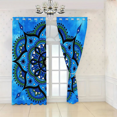 2Pcs Mandala Pattern Grommet Blackout Curtains, Vibrant Blue Bohemian Style Window Drapes for Living Room Bedroom Home Office Decor,