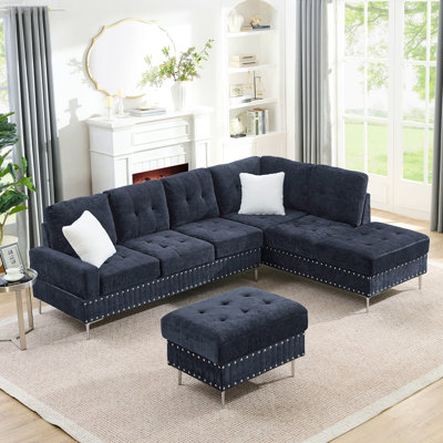 Sectional 3-Seaters Sofa With Chaise, Storage Ottoman, Metal Legs And Copper Nails,Two White Pillows ,Navy Bule(102" X 76" X35") by Latitude Run