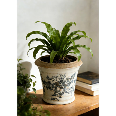 Quatre pots de fleurs en céramique de 5,3 x 5,3 x 5,1 pouces, avec une silhouette évasée, une finition blanche patinée et des motifs floraux noirs pour une table rustique à décor traditionnel