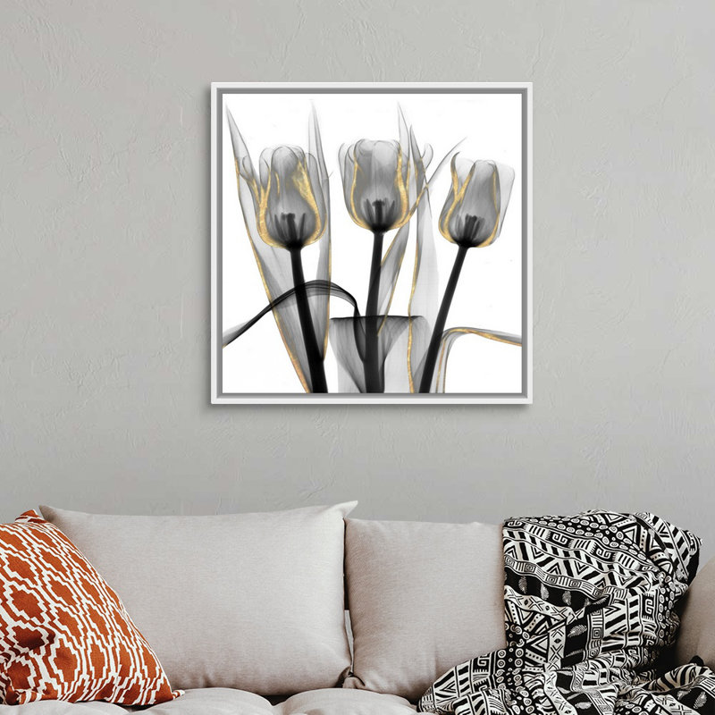 Reproduction d’art sur toile dorée ornée de tulipes 4 par Albert Koetsier, H 32 po x l 32 po x P 1,75 po, Cadre blanc