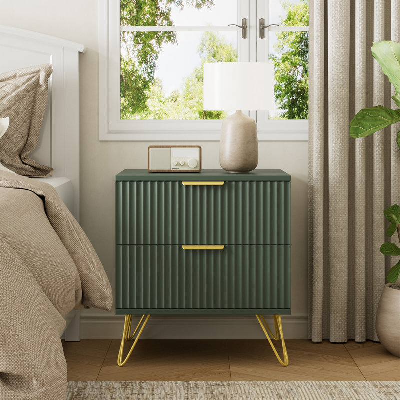 Table de chevet cannelée avec 2 tiroirs, Green