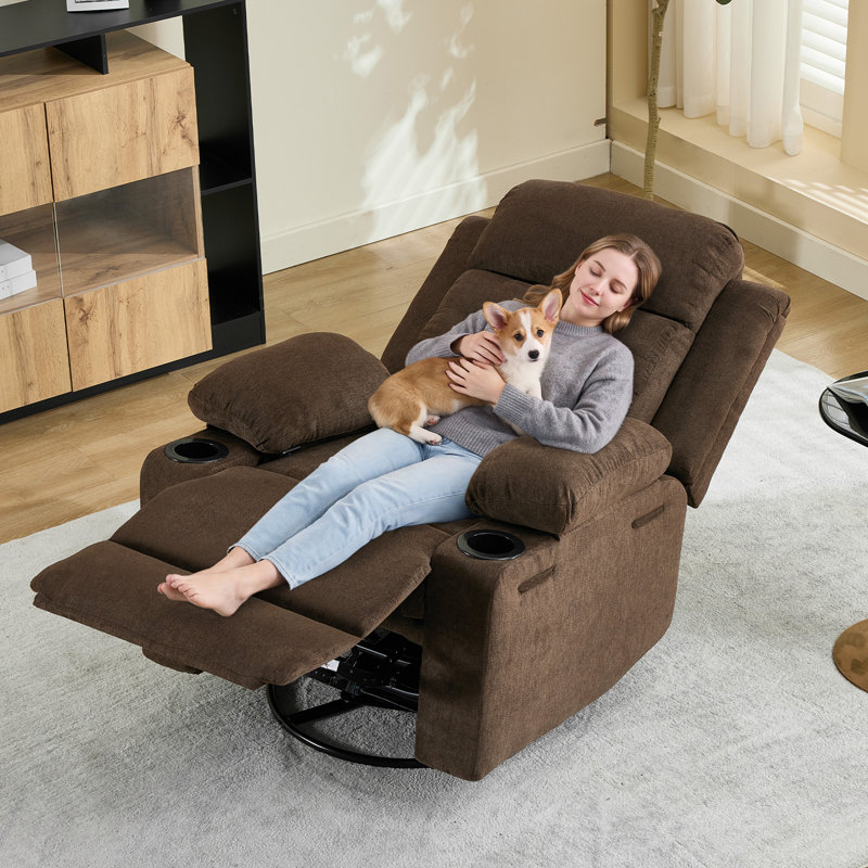 Fauteuil inclinable pivotant surdimensionné, rotation à 360° et bascule manuelle, siège extra-large, revêtement en cuir PU brun, porte-gobelets et poches latérales