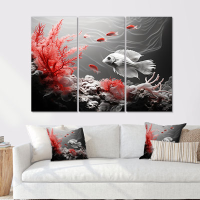 Monochrome Red And Grey Fish Crawl - Coastal Coral Under Water Wall Art Set