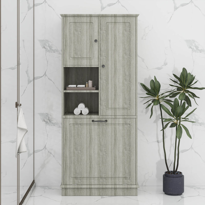 Grande armoire de rangement avec portes, tablette réglable et grand panier rabattable, Chêne
