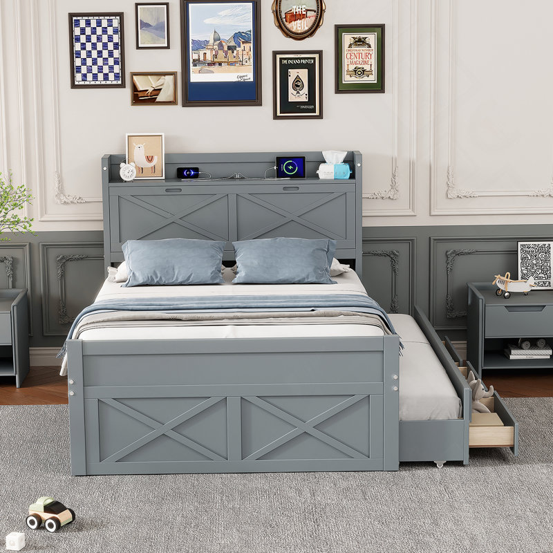 Lit double en bois avec tête de lit avec rangement, Gris, Double
