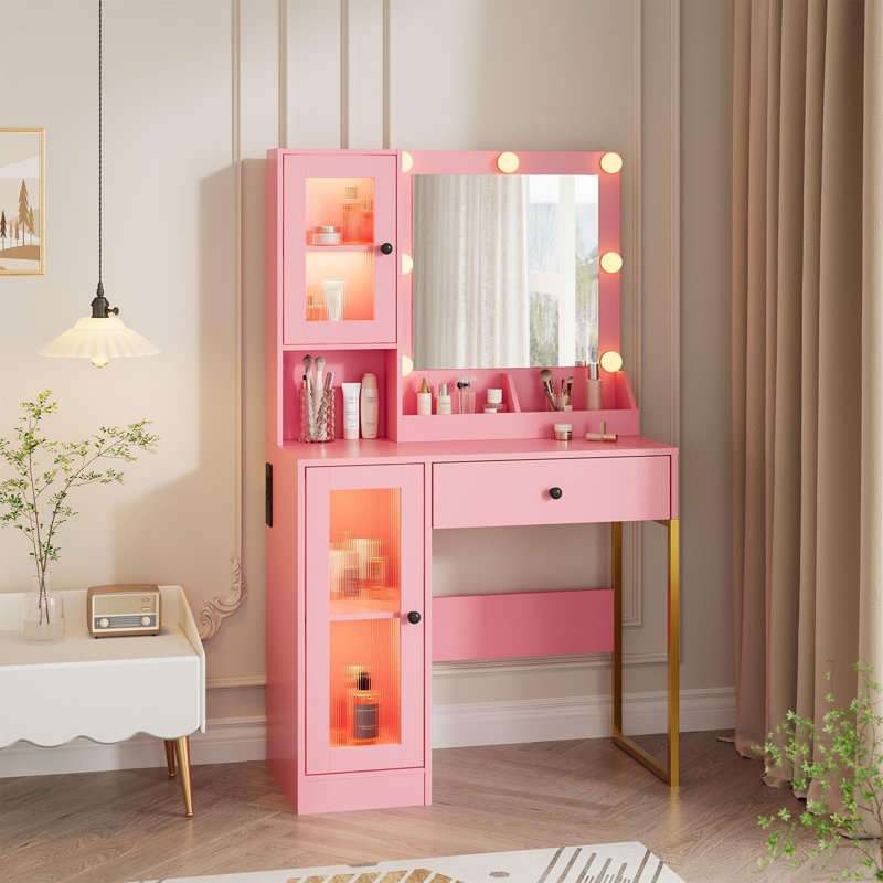 Meuble-lavabo avec miroir et lumières, Rose