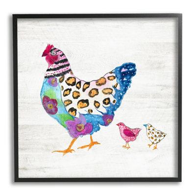 Abstract Chicken Walk Whimsical Patterned Farm Animal by Janet Tava - Floater Frame Painting on Wood