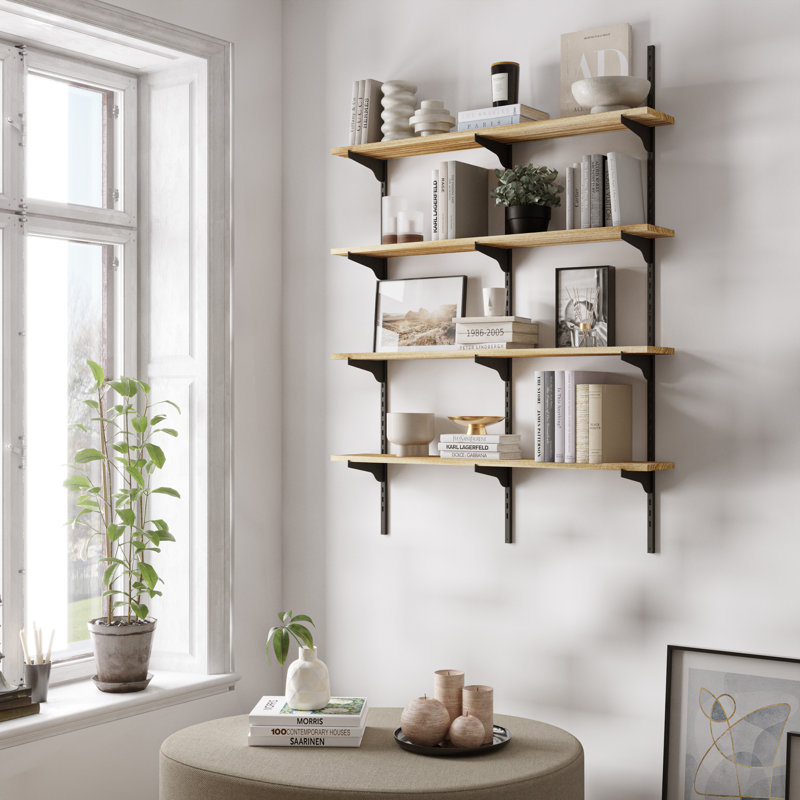 36" X 6" Floating Bookshelf For Living Room & Office Decor, Wall Shelving Unit With Adjustable Brackets, Wall Mounted Shelf, Wooden Shelf For Home Organization, Boho & Farmhouse Decor, Burnt, 4 Tier