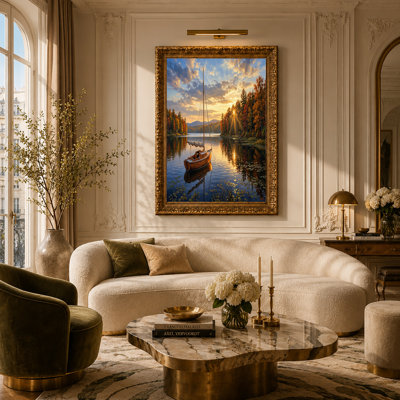Impression sur toile, voilier en bois sur un lac en automne au coucher du soleil