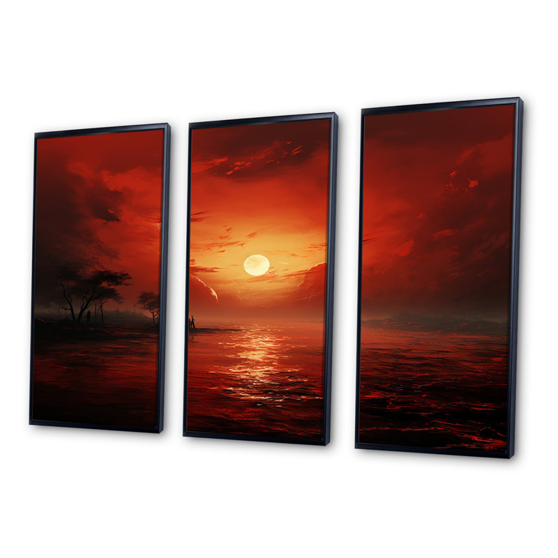 Ensemble de salon Red Crimson Horizon Harmony - Abstract Impressionism Wall Art, Cadre flottant noir