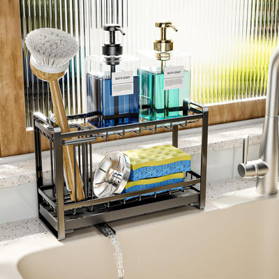 2 Tier Kitchen Sink Organizer With Brush Holder, Self-draining Stainless Steel Sponge Holder For Kitchen Sink With Drain Tray