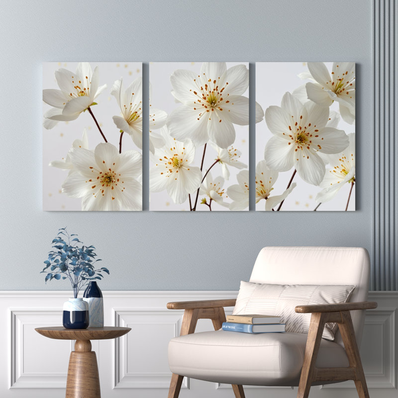 Fleurs de cerisier blanches, reproduction d'art sur toile tendue sur toile, ensemble de 3, pour salon, chambre à coucher, décoration intérieure