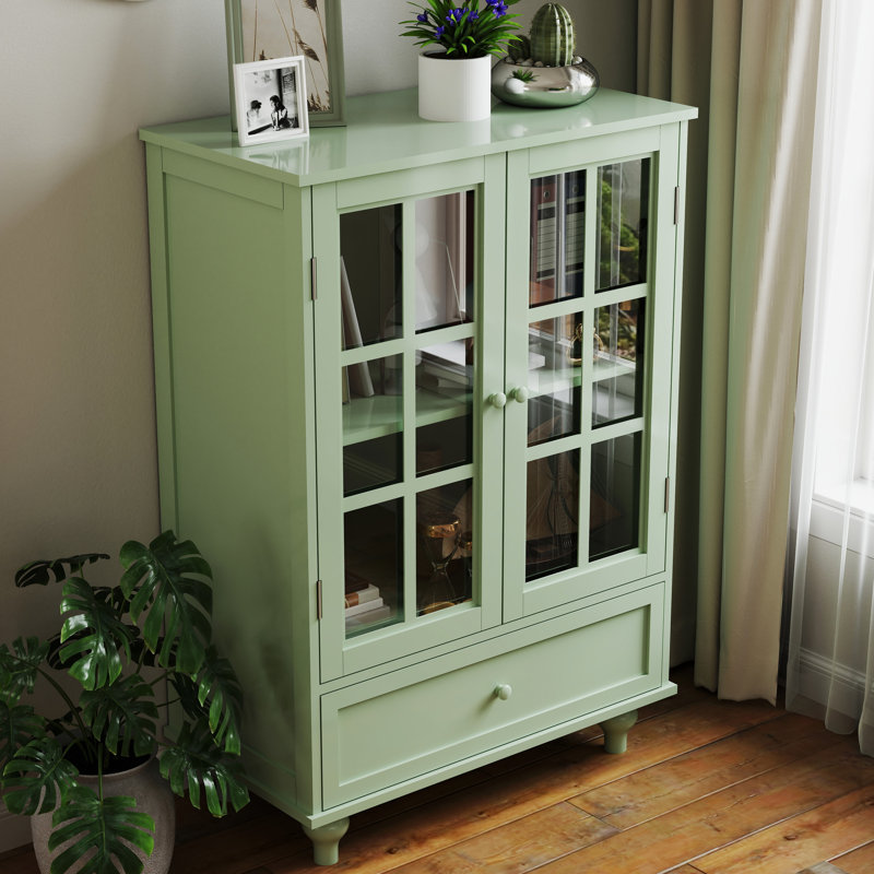 Mint Hallway Storage With Double Glass Doors And Drawer. Superior Craftsmanship, Solid Wood Leg Base, Tempered Panels. Adjustable Shelf Setting, Convenient Drawer Compartment. 28''D15''w38''h, 48.4