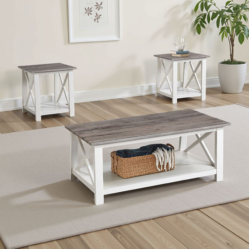 Ensemble de tables de bout et de table d'appoint Heo 3 pièces, plateau en bois gris, pieds en X blancs