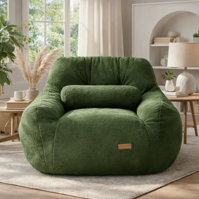 Fauteuil à billes surdimensionné en fausse fourrure touffeté à compression avec coussin et poche
