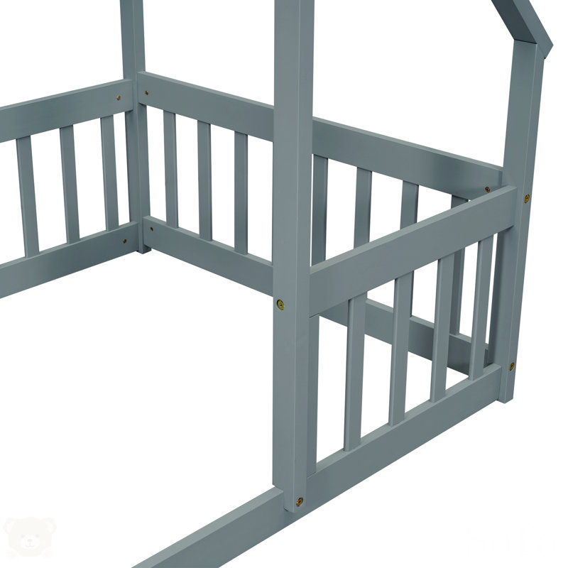 Amarionna Wood House-Shaped Floor Bed with Fence, Guardrails, Gray, Full / Double