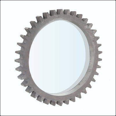 Small Round Gear-Shaped Wooden Wall Mirror