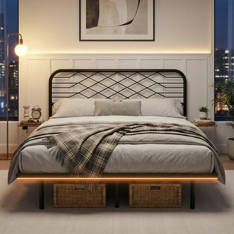 Aether Floating Metal Bed Frame with Charging & LED Lighting & Shelves, No Box Spring Needed, Double (4'6)