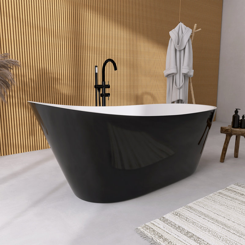 Baignoire de trempage autoportante en acrylique autoportante 59 po avec bonde escamotable 59 po, Noir, noir, noir, noir