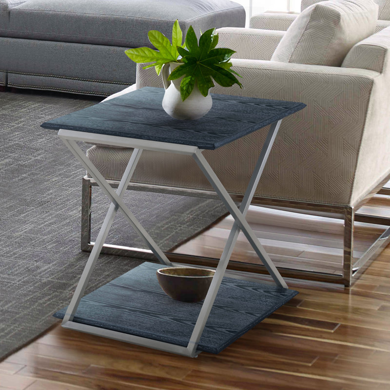 Table de bout avec rangement Mccoll, Plateau bleu / base en acier inoxydable brossé
