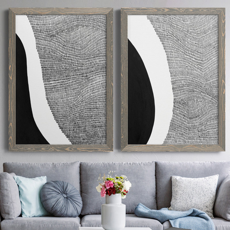 Toile encadrée noire et blanche abstraite de qualité supérieure - prête à être accrochée, Toile avec cadre gris