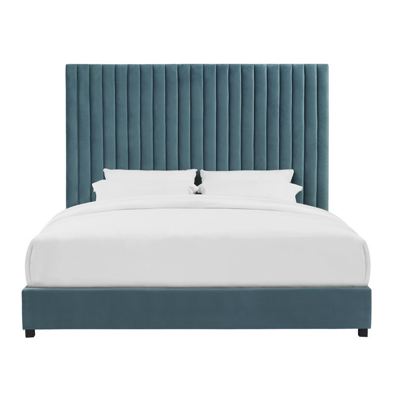 Solid Wood and Upholstered Low Profile Platform Bed, Sea Blue Velvet, Queen