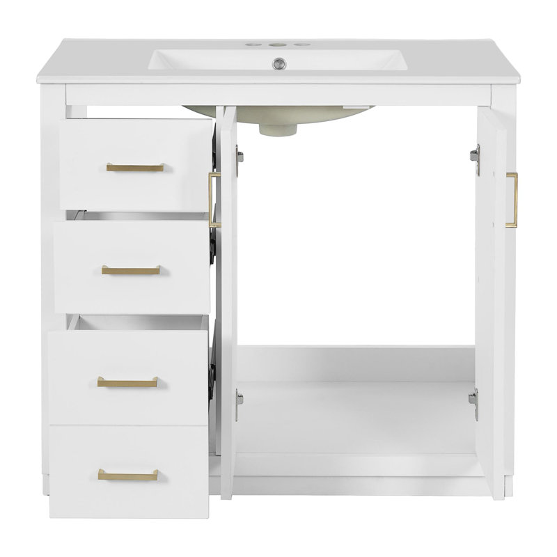 36" bathroom vanity with ceramic sink, White, Gold