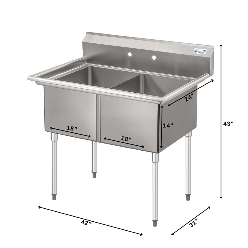 Évier commercial 42 pouces à 2 compartiments de calibre 18 avec dosseret, dimensions de la cuve: 18 po x 24 po x 14 po en acier inoxydable (km-SB182414-N3)