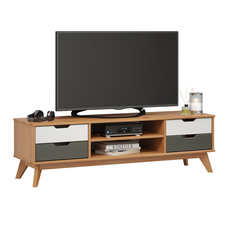Meuble télé / meuble de rangement en bois massif - miel naturel, blanc et gris