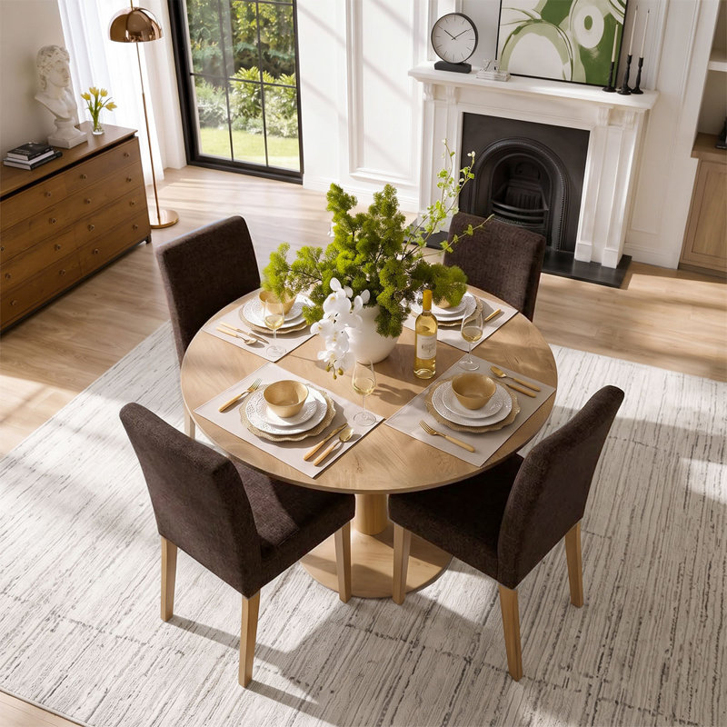 Ensemble de table et de chaises pour 4 personnes avec table ronde et 4 chaises rembourrées à pieds en bois massif, Brun