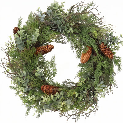 Couronne de Noël artificielle de 40 cm (15,74 pouces) pour porte d'entrée, composée de feuilles d'eucalyptus, de feuillage persistant varié et de pommes de pin. Décoration hivernale pour mur, fenêtre ou porche.