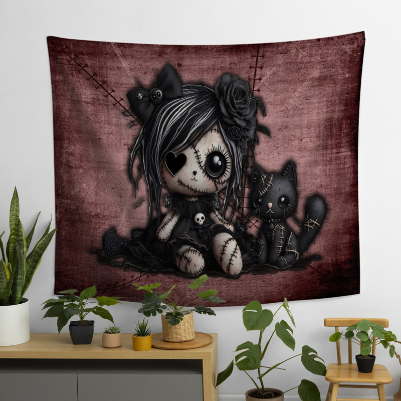 Petite tapisserie rouge Little Stitch Ups Doll And Her Cat2, H 60 po x l 80 po