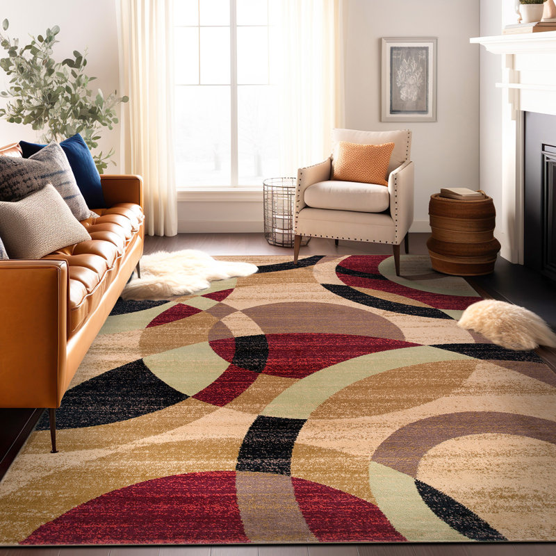 Tapis géométrique multicolore rouge / brun / noir Mehul pour tapis de salon, chambre à coucher, entrée ou salle à manger