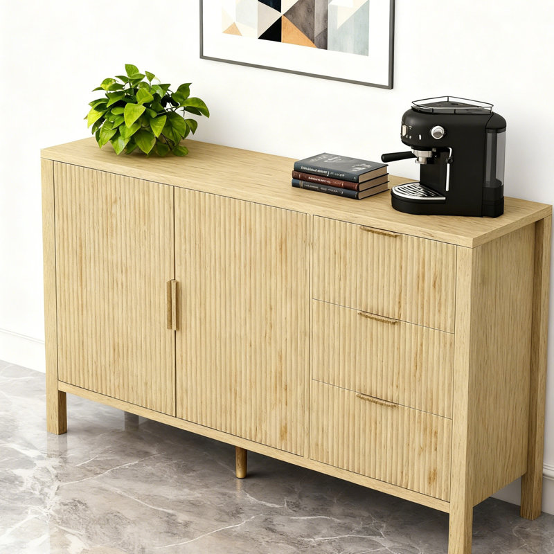 Wave-Pattern Large Storage Sideboard With Drawers&Hooks, Natural