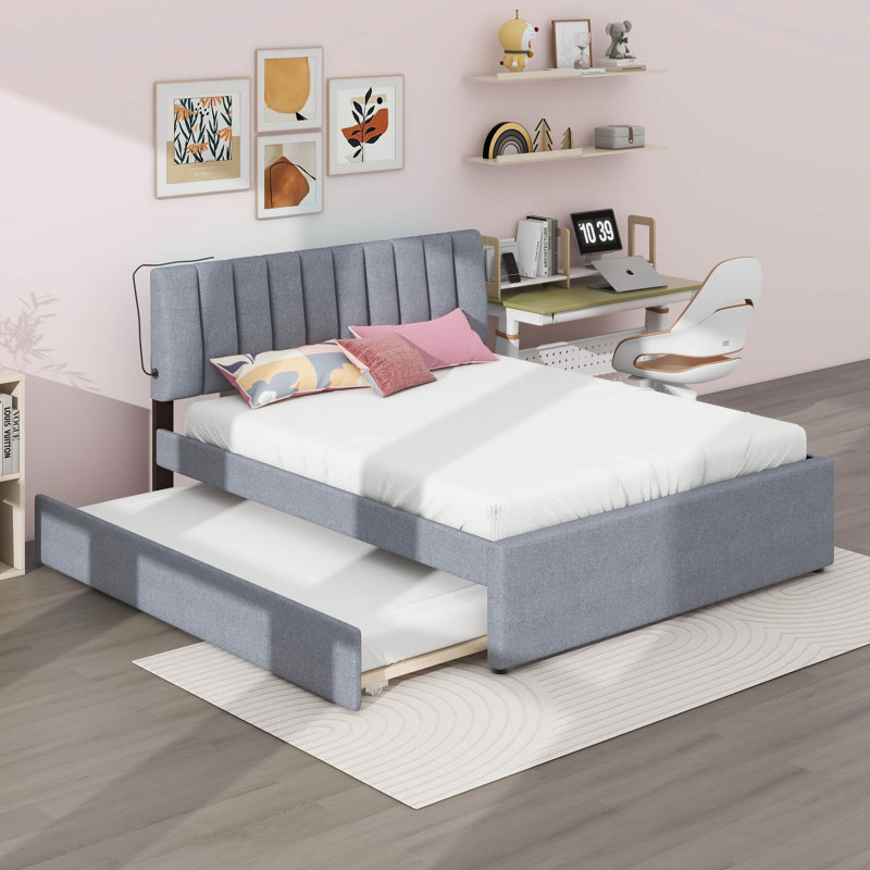 Lit plateforme tapissier Teddy, Gris, Grand lit