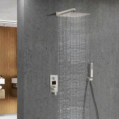 SKWOLL Shower Faucet Sets with Hydro Power Temperature Display, Brushed Nickel 12 Inch Shower Head Combo Kit, 2 Function Wall Mounted Shower Fixtures with Digital Shower Valve