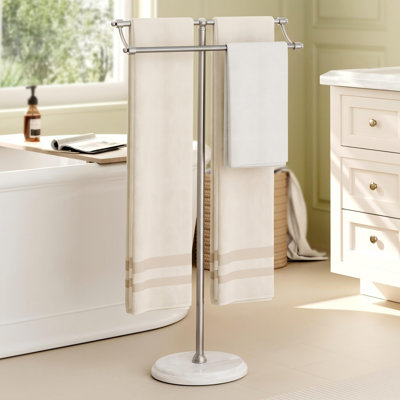 Porte-serviettes sur pied anti-vacillement KES avec base en marbre naturel lesté 3 fois plus épais, 2 niveaux Porte-serviettes sur pied anti-vacillement KES avec base en marbre naturel lesté 3 fois plus épais, porte-serviettes à 2 niveaux en acier brossé