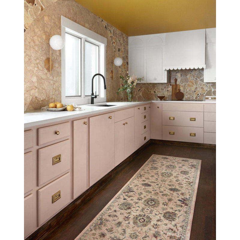 Tapis de couleur rose / brun en laine, Tapis de couloir 2 pi 7 po x 8 pi