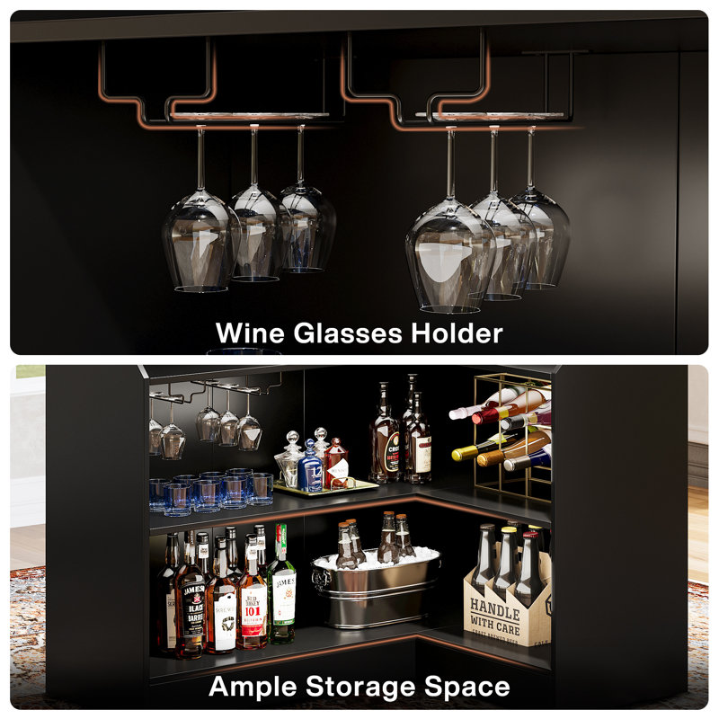 L-Shaped Bar Cabinet, 4-Tier Home Bar Table with Stemware Racks, Black