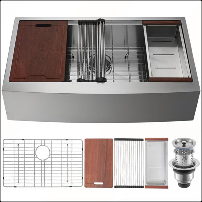 Évier de cuisine de ferme 36 pouces, bol simple en acier inoxydable 304 avec rebord et accessoires pour poste de travail, préparation et bar
