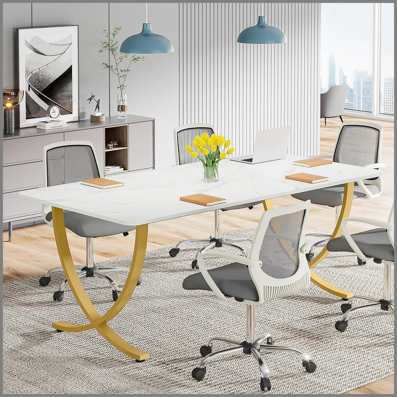 Bureau de direction 63 pouces avec plateau en faux marbre, cadre doré et surface spacieuse pour la maison ou la salle de conférence