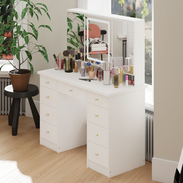 Makeup Vanity Desk With Fold Mirror And Adjustable Lights