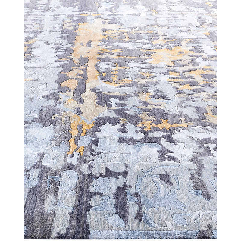 Gray Hand-Knotted Wool and Silk Rectangular Area Rug