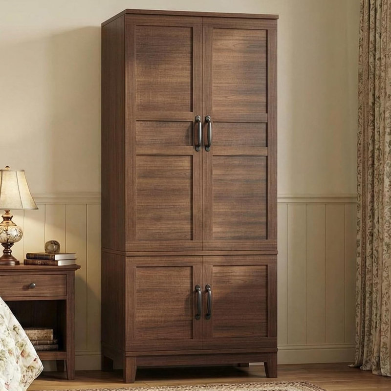 Armoire rustique en bois brun noyer rustique - 4 portes - 72 po de hauteur avec rangement autoportant - Tablettes réglables et tringle à vêtements - Chambre et salon - Brun (boîte AB)